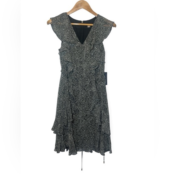 Tommy Hilfiger Women 4 Black White‎ Geometric Fit & Flare Chiffon Flutter Dress - Picture 1 of 8